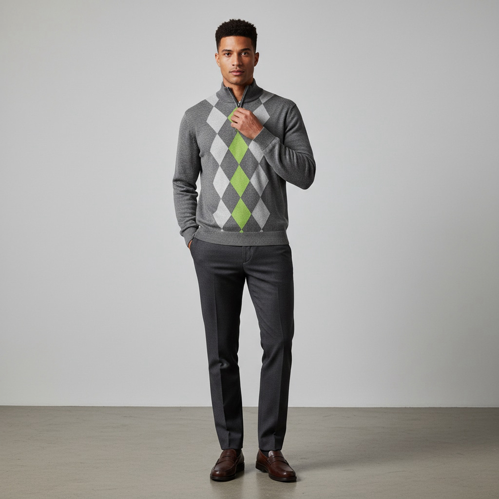 NWT Britches Argyle Quarter Zip Sweater Preppy Golfcore XL Grey Lime Green